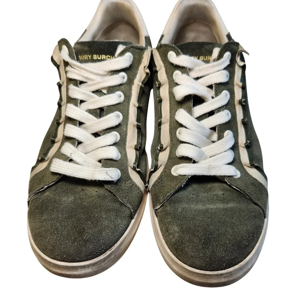 TORY BURCH Howell Court Ruffle Sneaker Womens‎ 8 Green Ivory Suede Leather